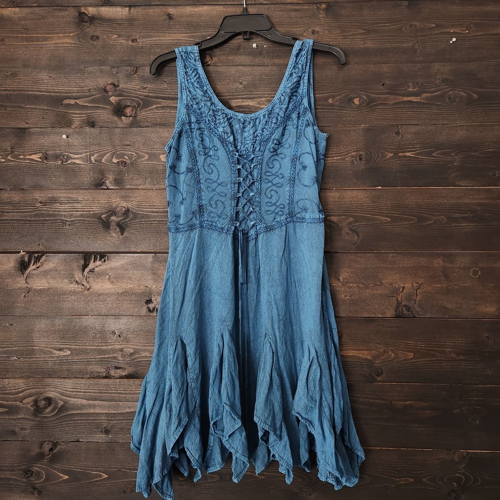 Just Cruising Cottagecore Blue Lace Up Front Dress Embroidered Whimsigoths Smock - Picture 10 of 10
